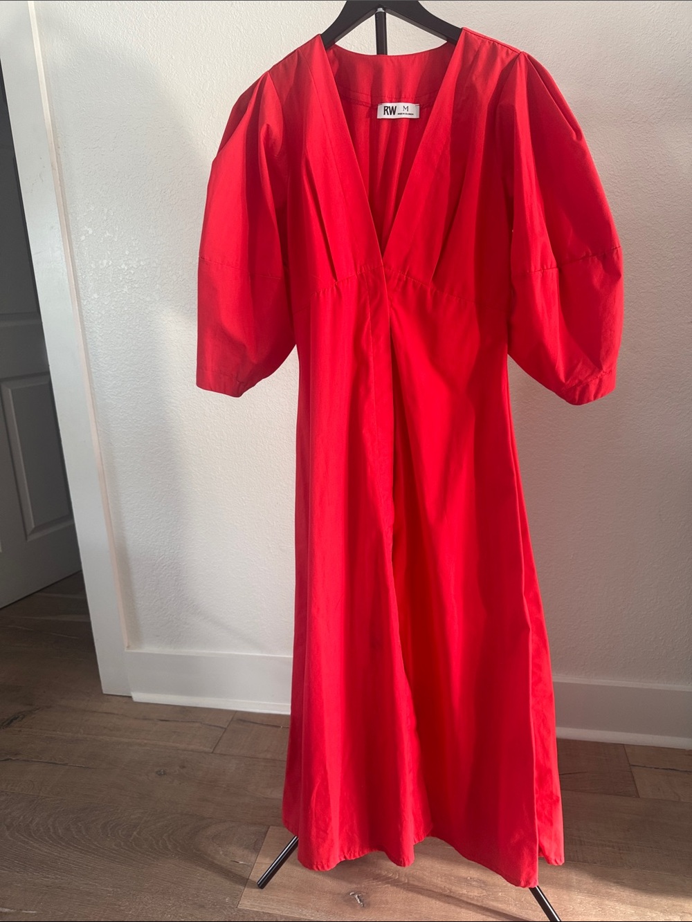 V-Neck Puff Sleeve Red Maxi Dress